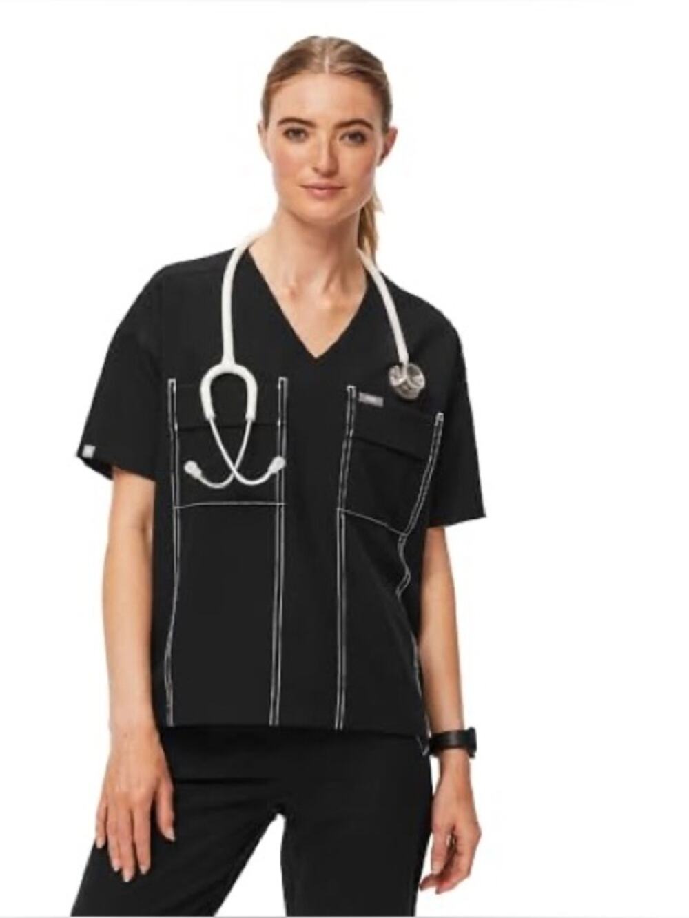 Figs Bello Cargo Stitched Scrub Top Short Sleeve Black Size XXL